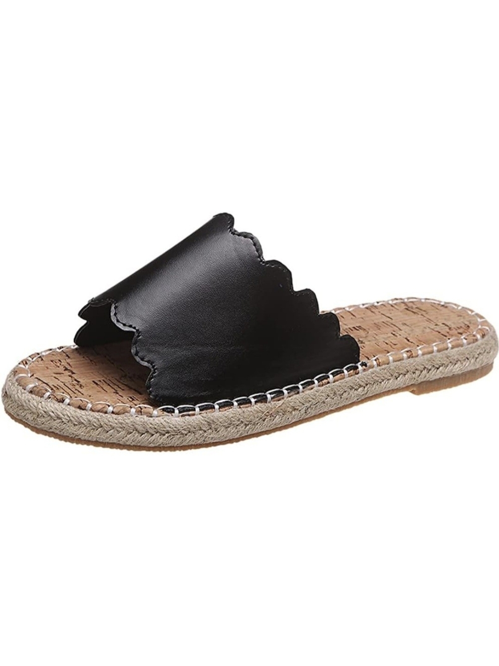 Expressions Black Scalloped Espadrille Slide Sandals Size 6 Resortwear Coastal